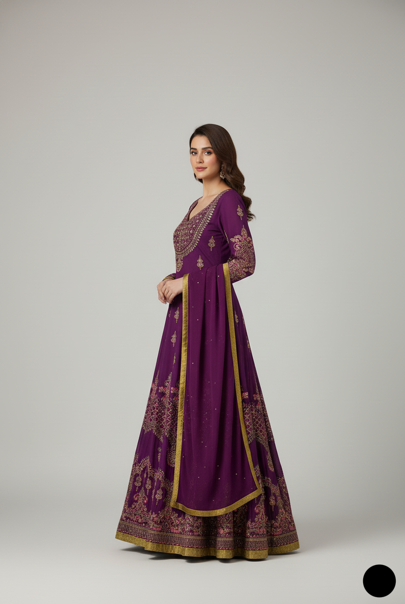 Pakistani women's purple chiffon straight shirt plazo back view