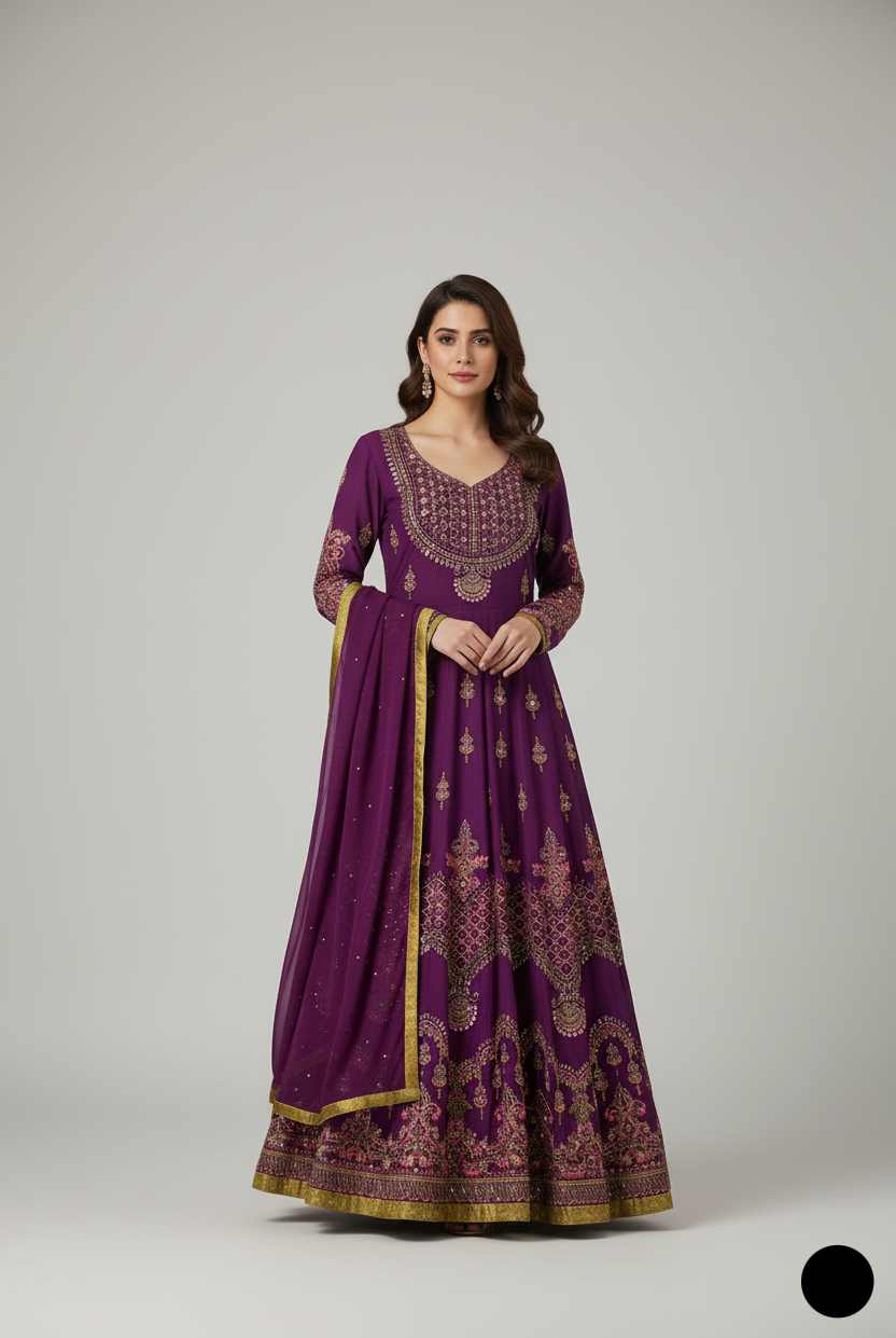 Chiffon straight shirt plazo purple - Pakistani women's party wear with grip plazo and chiffon dupatta front view