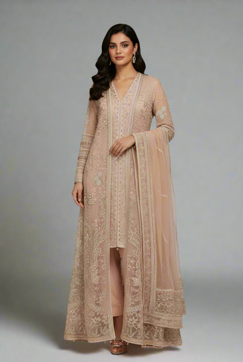Organza straight shirt peach - Pakistani women's elegant formal wear with viscose trouser and organza dupatta front view