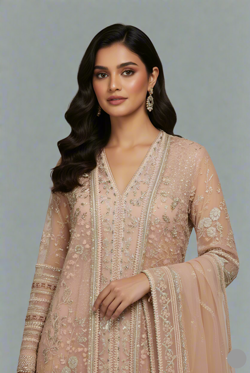 Peach organza Pakistani women's straight shirt side view