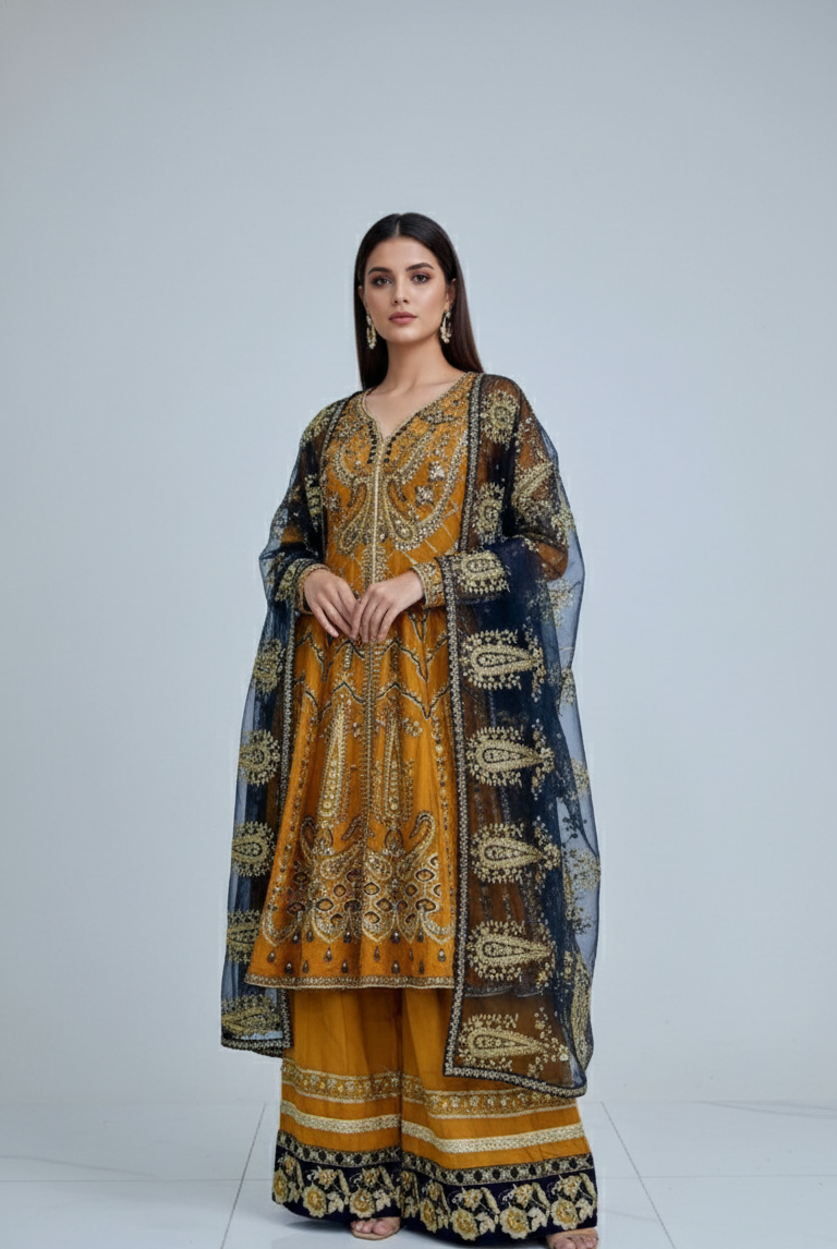 Chiffon frock plazo ABS 2766 - Pakistani women's party wear with organza dupatta front view