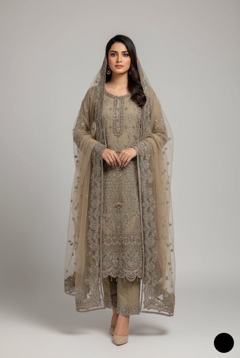 Organza straight shirt brown - Pakistani women's elegant formal wear with viscose trouser and organza dupatta front view