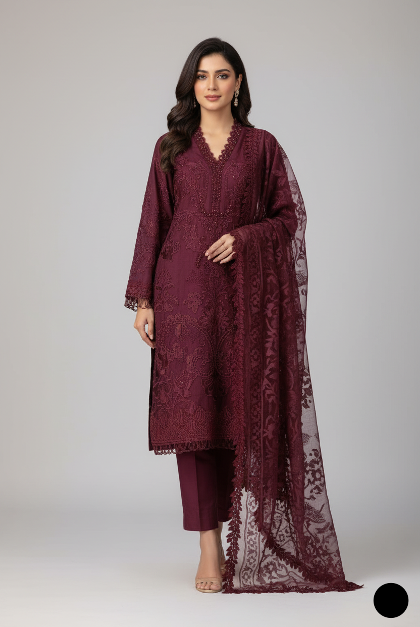 Chiffon A-Line shirt maroon - Pakistani women's elegant formal wear with viscose trouser and chiffon dupatta front view
