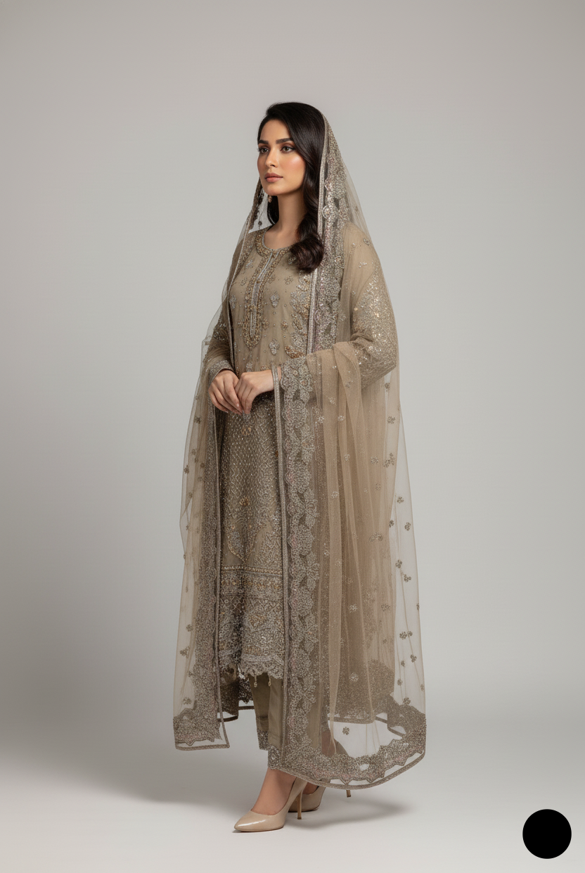 Pakistani women's brown organza straight shirt detail view