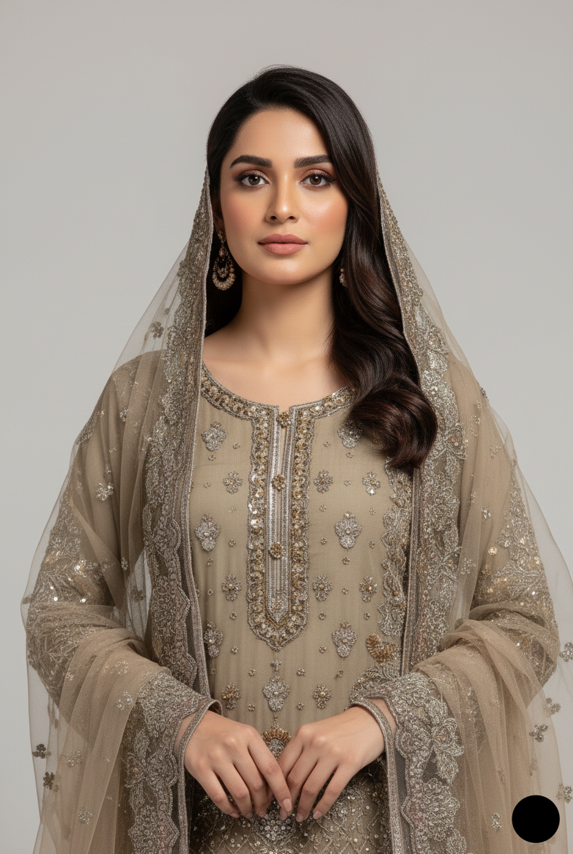 Brown organza Pakistani women's straight shirt side view