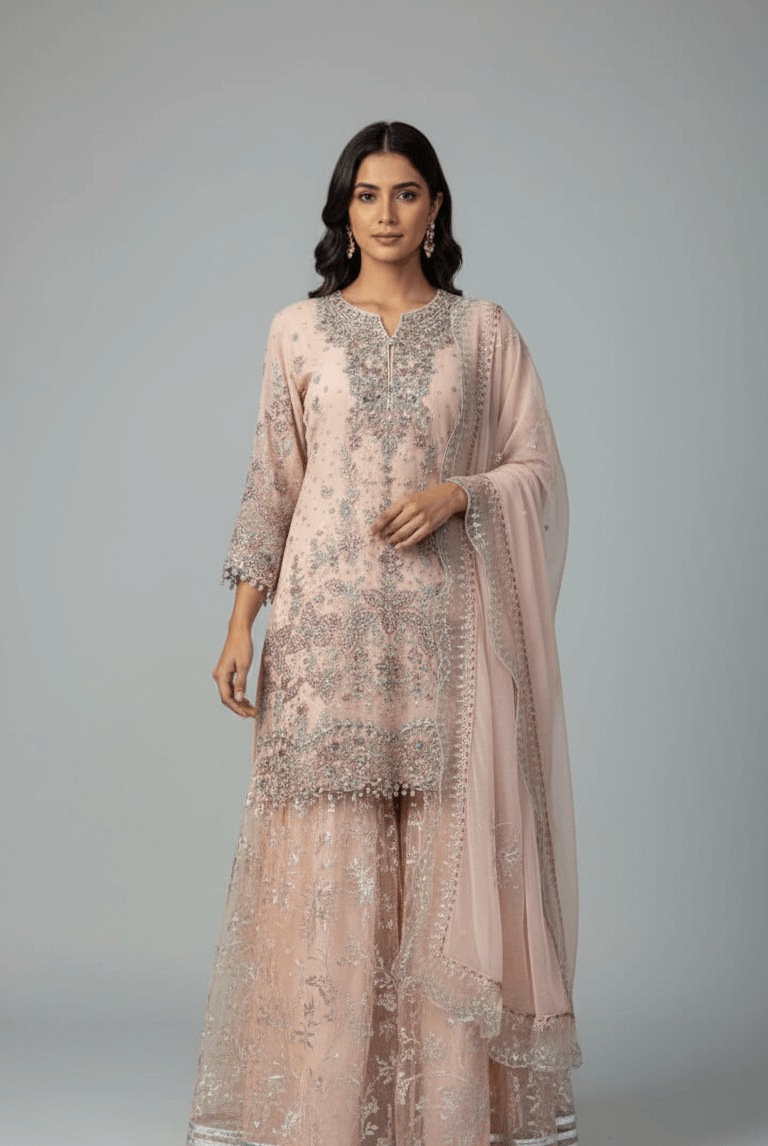 Pakistani women's pink organza A-Line shirt detail view