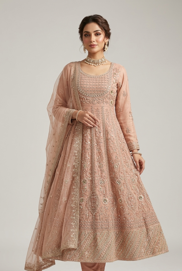Chiffon long frock tea pink - Pakistani women's luxury formal wear with grip trouser and organza dupatta front view