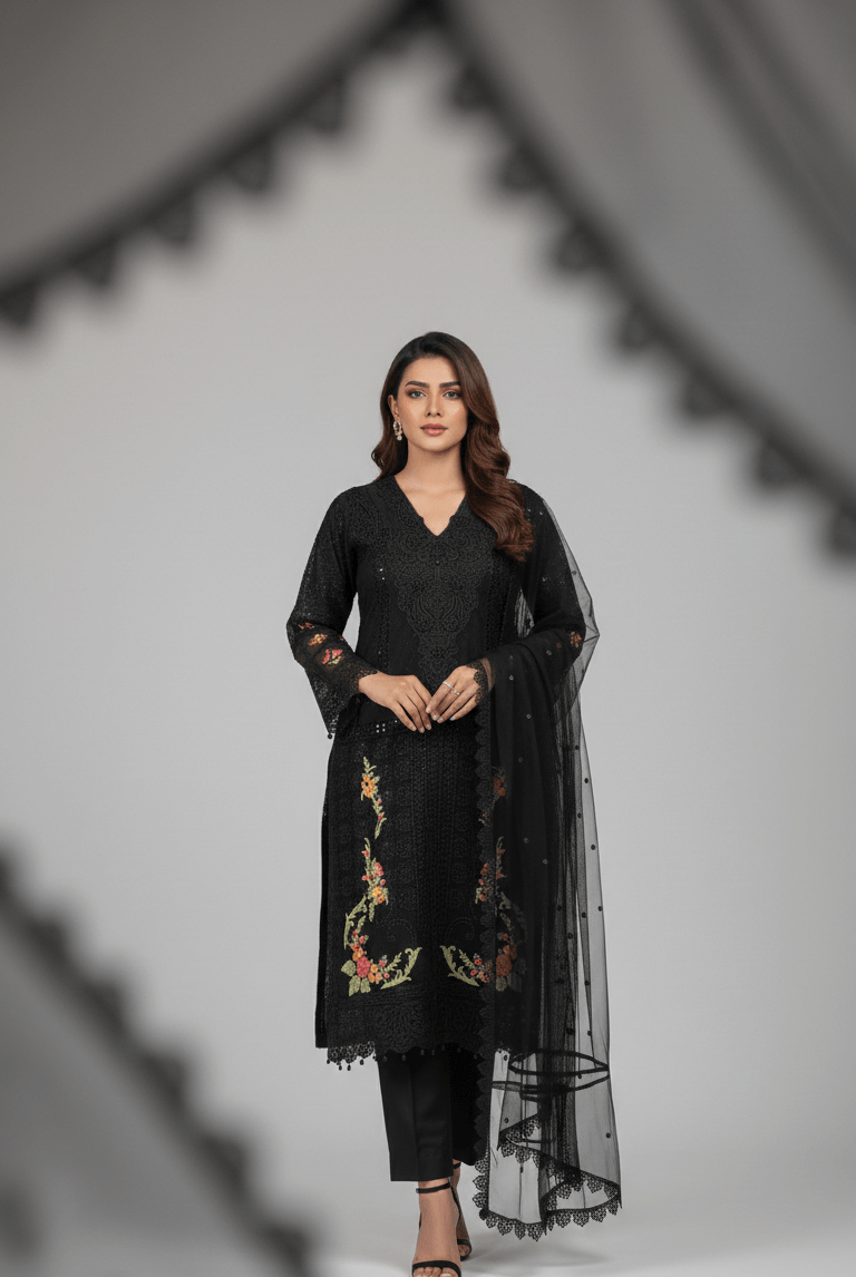 Black chiffon Pakistani women's straight shirt side view