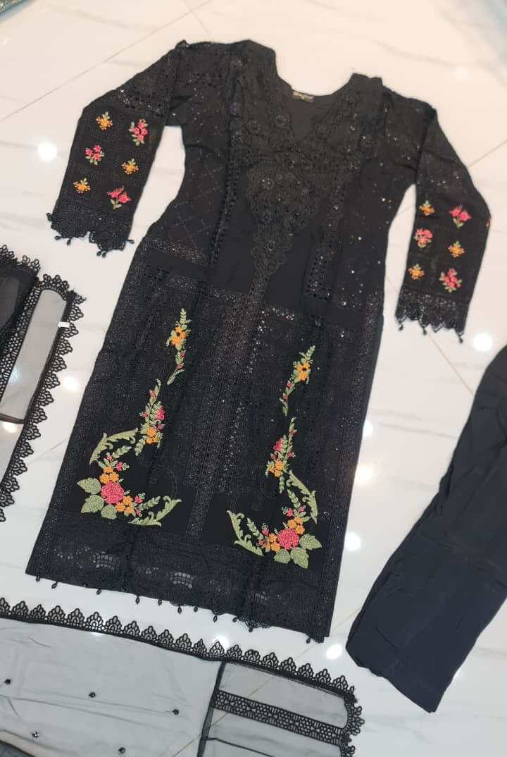 Pakistani women's black chiffon straight shirt back view
