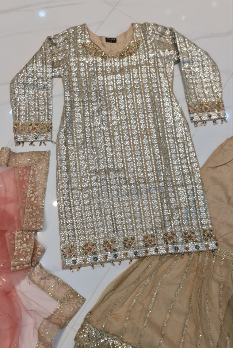 Pakistani women's beige chiffon straight shirt plazo back view