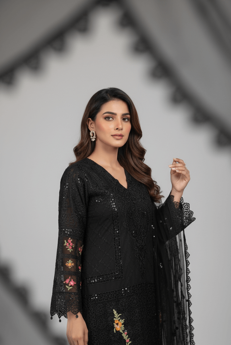 Pakistani women's black chiffon straight shirt detail view