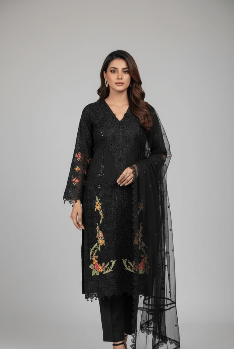 Chiffon straight shirt black - Pakistani women's casual party wear with grip trouser and soft net dupatta front view