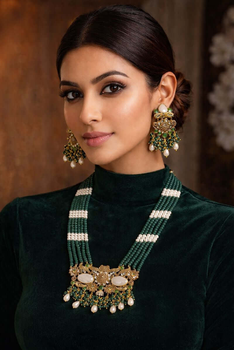 Pakistani women's emerald pearl beaded necklace set side view
