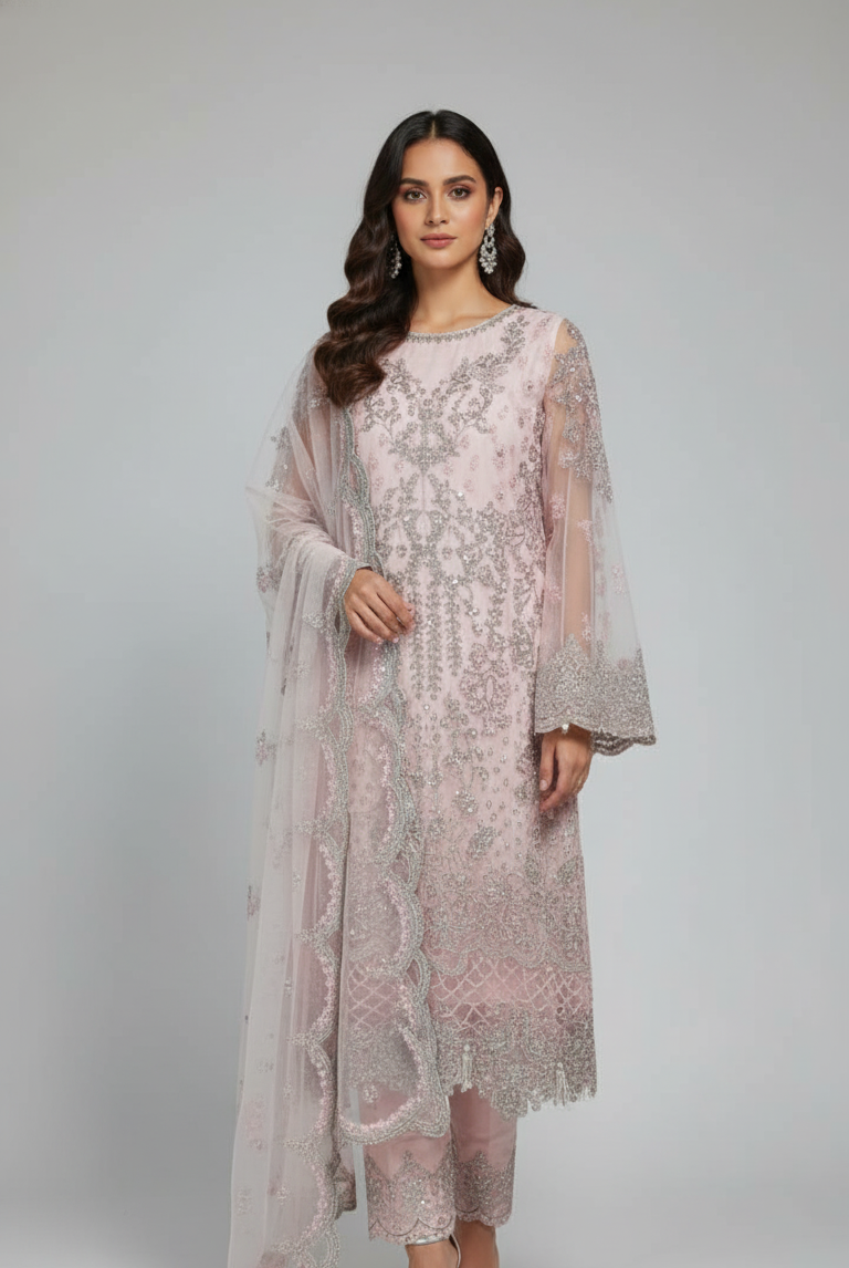 Organza straight shirt pink - Pakistani women's elegant formal wear with viscose trouser and organza dupatta front view