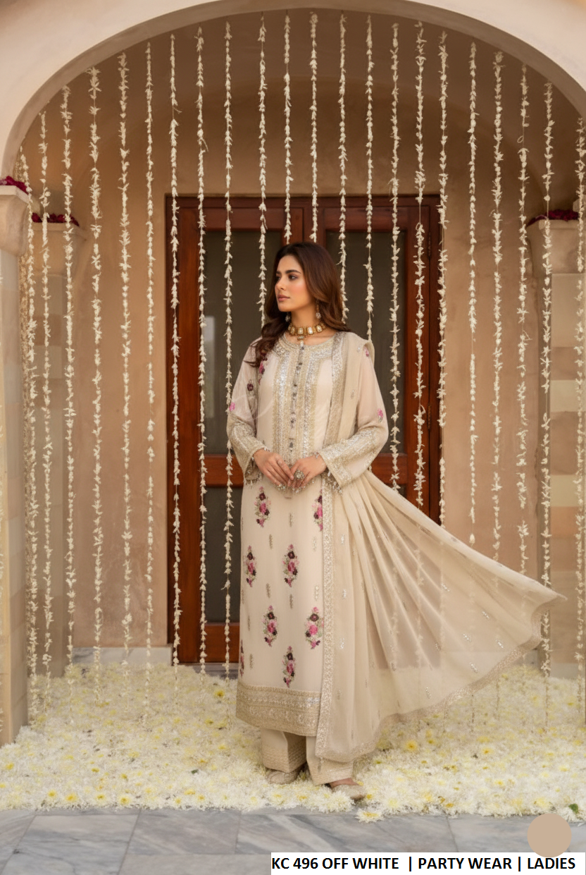 Silk long kaftan plazo off white - Pakistani women's luxury formal wear with silk dupatta front view