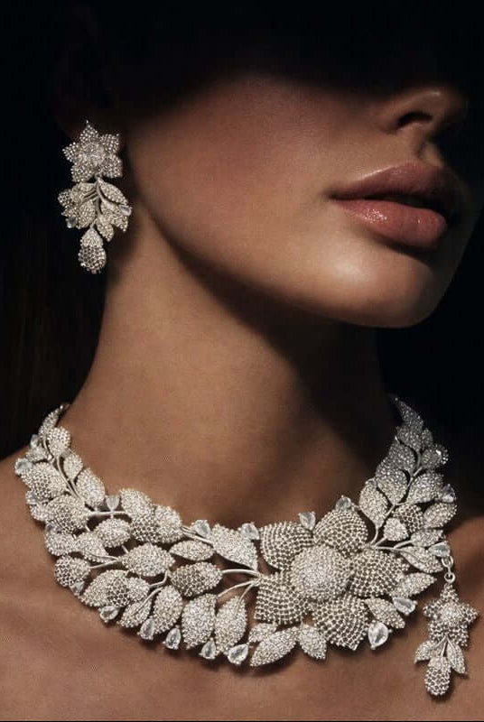 Pakistani women's floral diamond statement necklace set side view