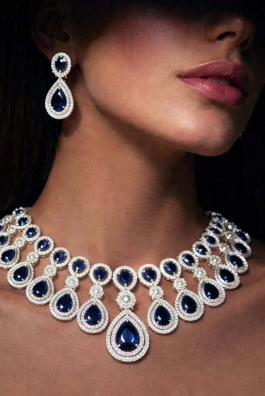 Royal sapphire teardrop set 1 carat - Pakistani women's luxury formal jewelry with sapphire teardrop stones front view