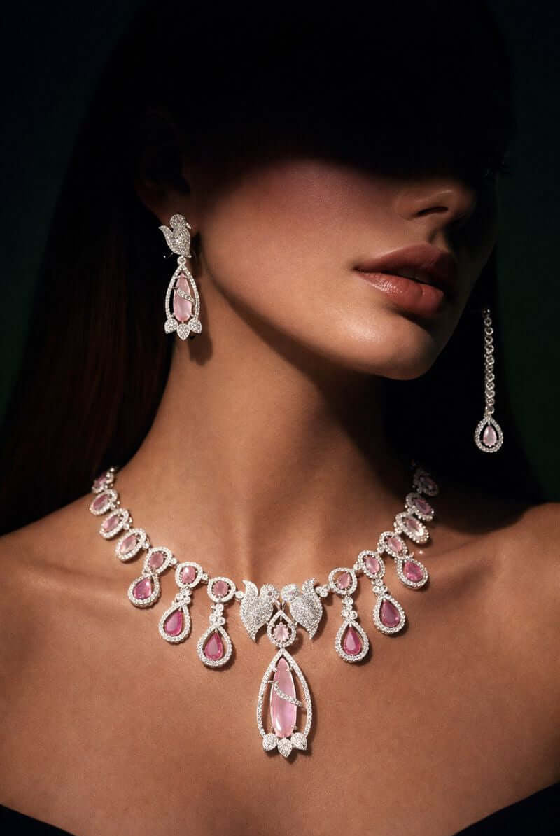 Pakistani women's emerald bird motif luxury necklace set back view