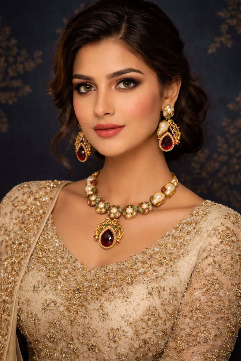 Royal ruby heritage necklace set - Pakistani women's luxury bridal jewelry with ruby stones and gold tone finish front view