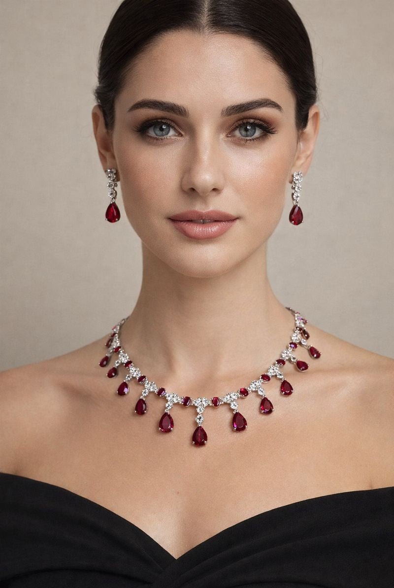 Pakistani women's ruby radiance luxury necklace set side view