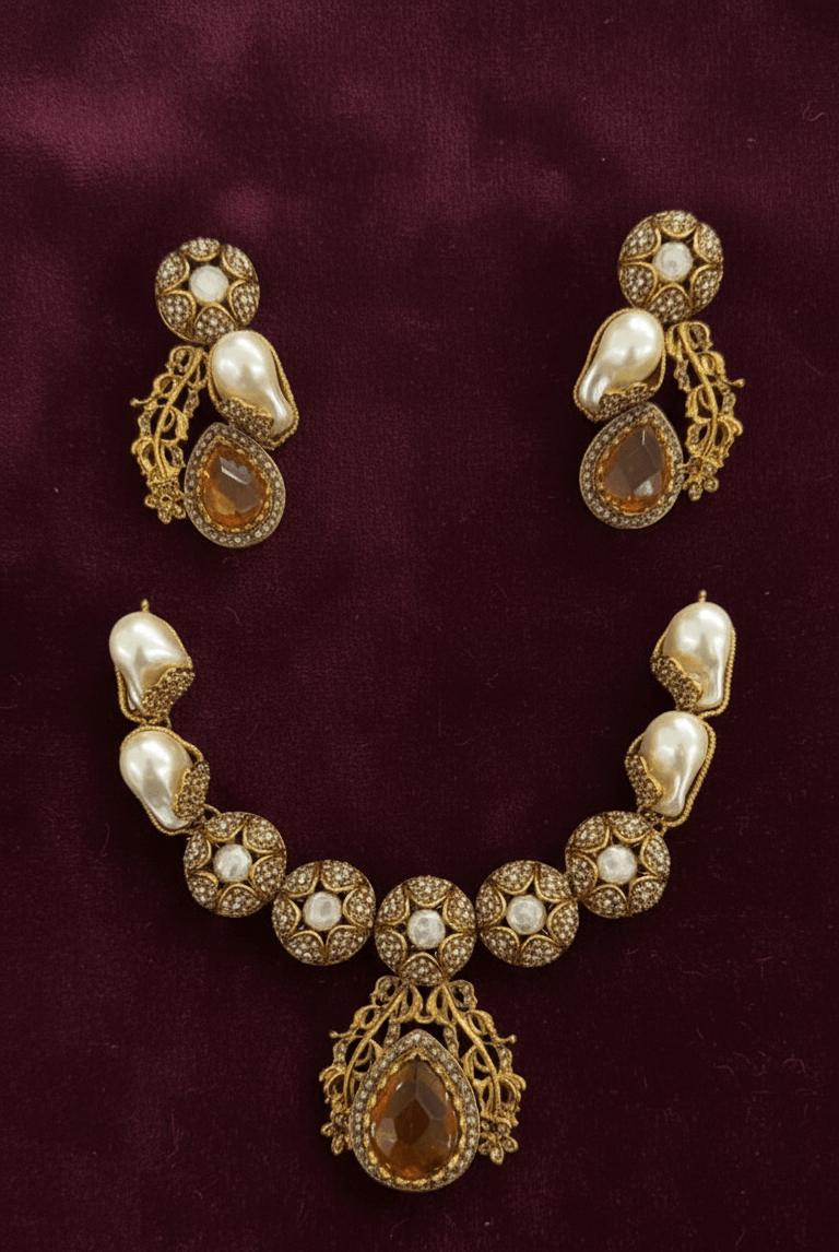Antique pearl stone necklace set - Pakistani women's luxury bridal jewelry with sculpted pearl detailing and gold tone finish front view