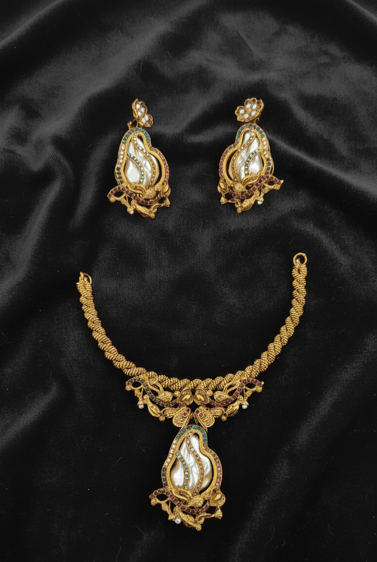 Antique gold short necklace set - Pakistani women's luxury bridal jewelry with twisted chain and statement pendant front view