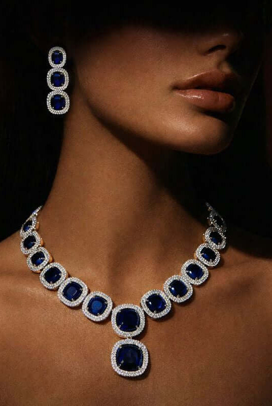 Royal sapphire statement set 1 carat - Pakistani women's luxury bridal jewelry with sapphire blue stones front view