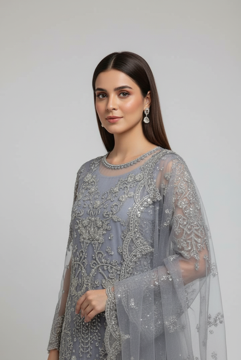Grey organza Pakistani women's straight shirt side view