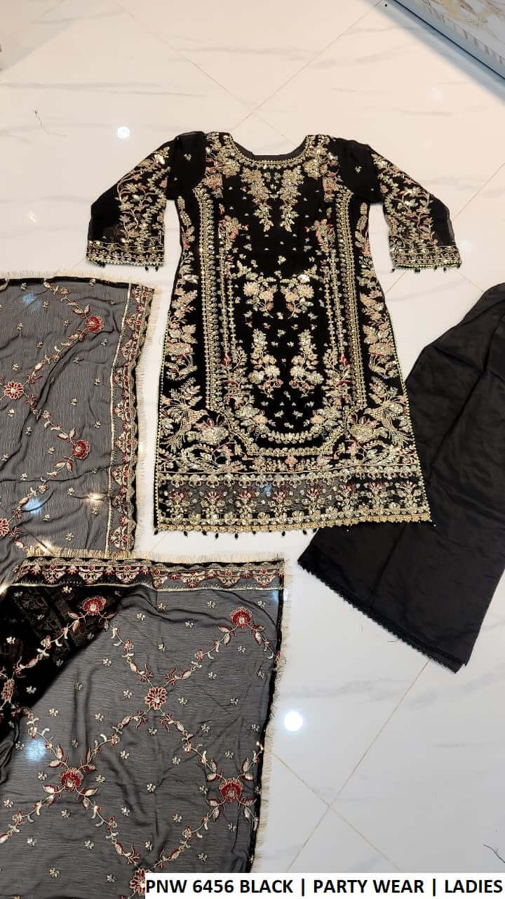PNW 6456 BLACK luxury party wear dress for women from Amir Boutique Pakistan, featuring chiffon shirt and viscose trousers.