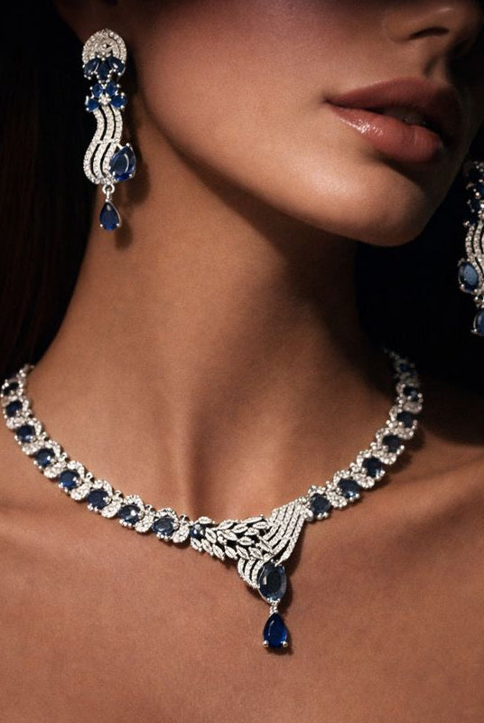 Midnight blue sapphire drop necklace set 1 carat - Pakistani women's luxury formal jewelry with deep sapphire stones front view