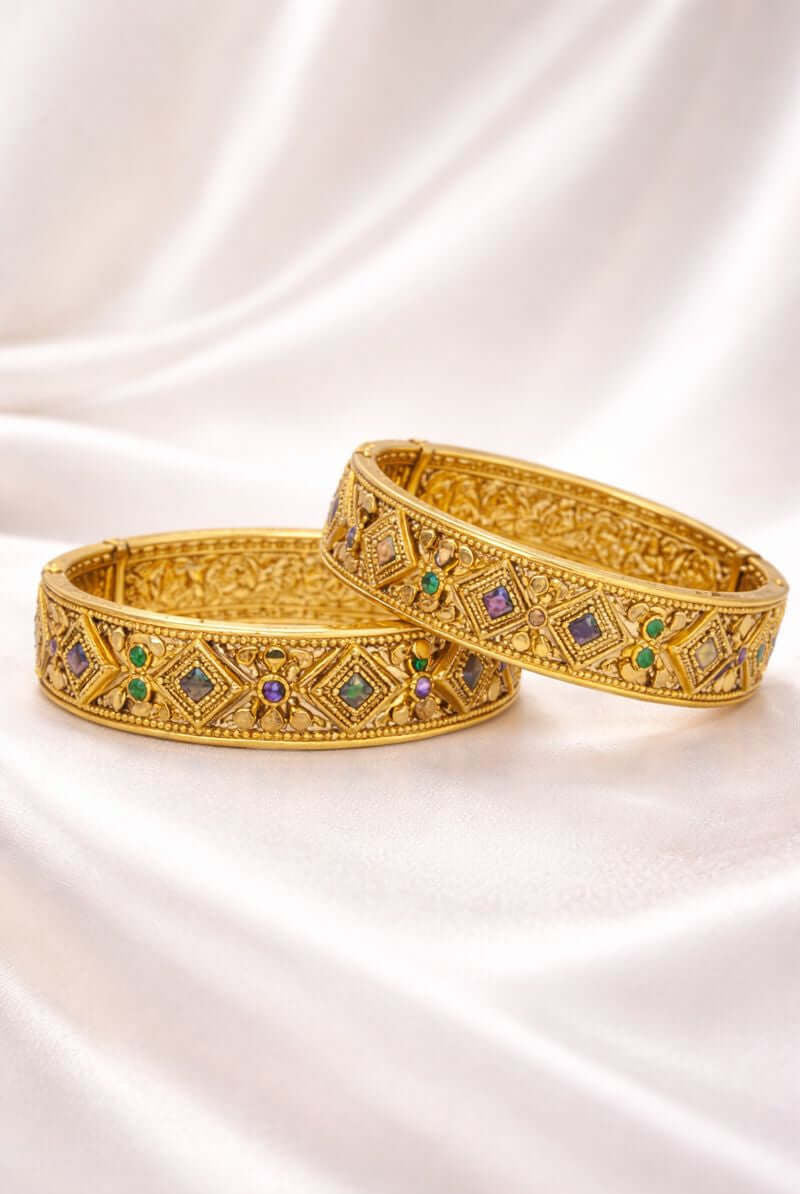 Mehr heritage bangles pair - Pakistani women's traditional bridal jewelry with antique gold finish front view