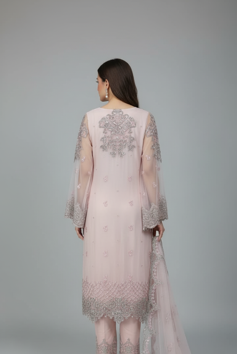 Pakistani women's pink organza straight shirt back view