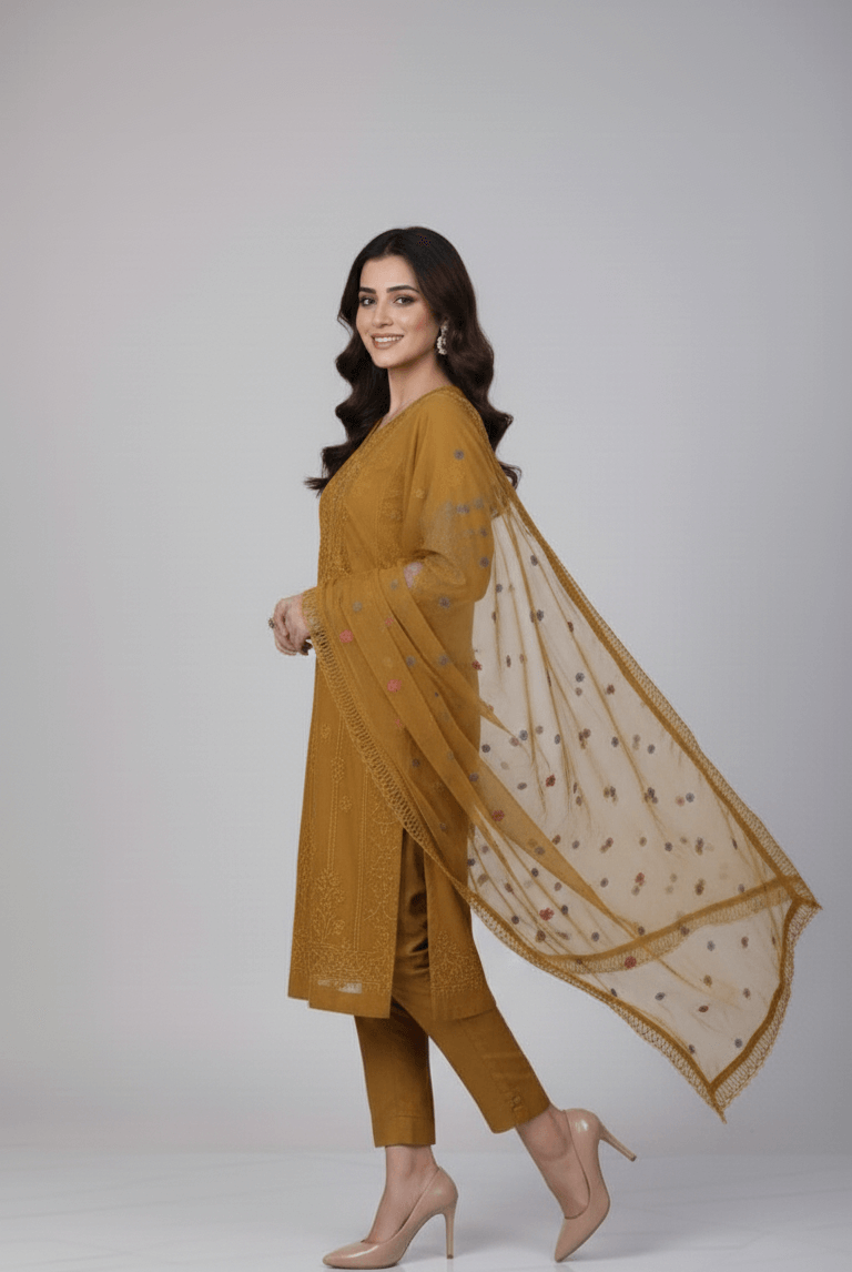Pakistani women's mustard yellow chiffon straight shirt plazo back view