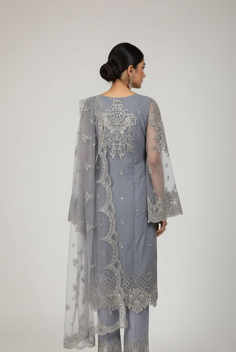 Pakistani women's grey organza straight shirt back view