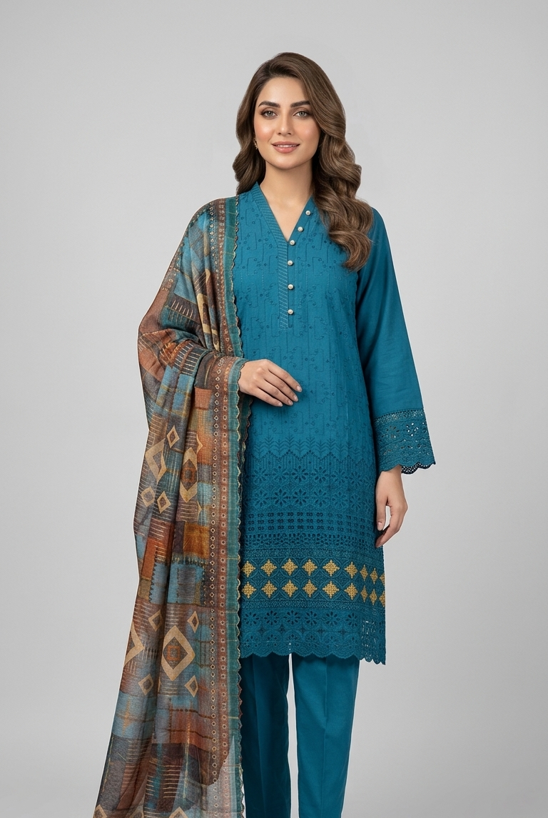 Linen straight shirt zinc grey - Pakistani women's casual summer outfit with soft net dupatta front view