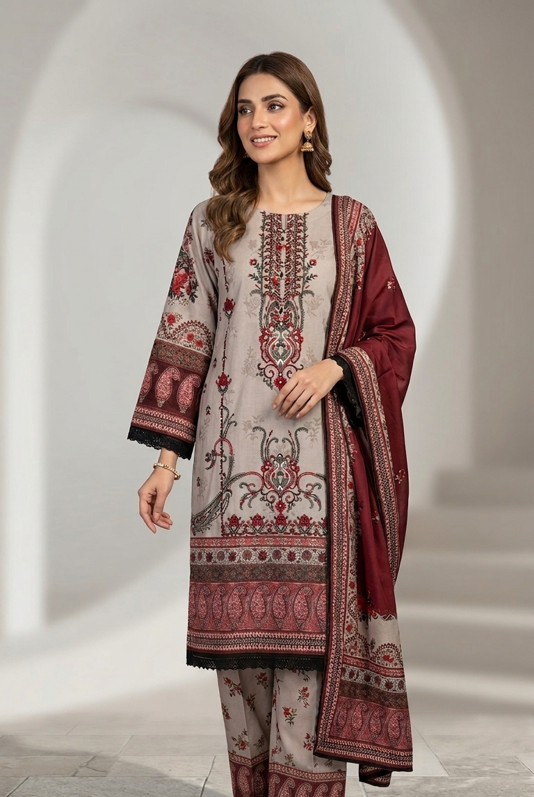 Viscose straight shirt - Pakistani women's casual semi-formal outfit with viscose trouser and dupatta front view