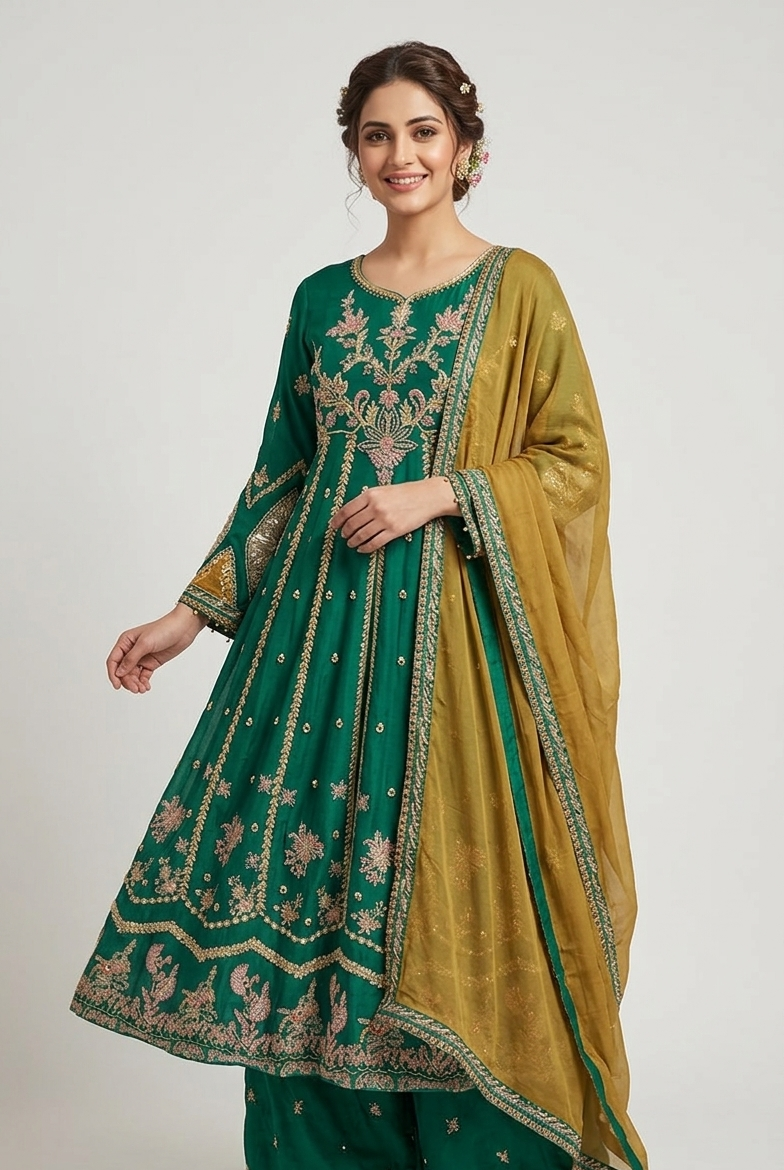 Chiffon open frock sea green - Pakistani women's luxury formal wear with viscose trouser and chiffon dupatta front view