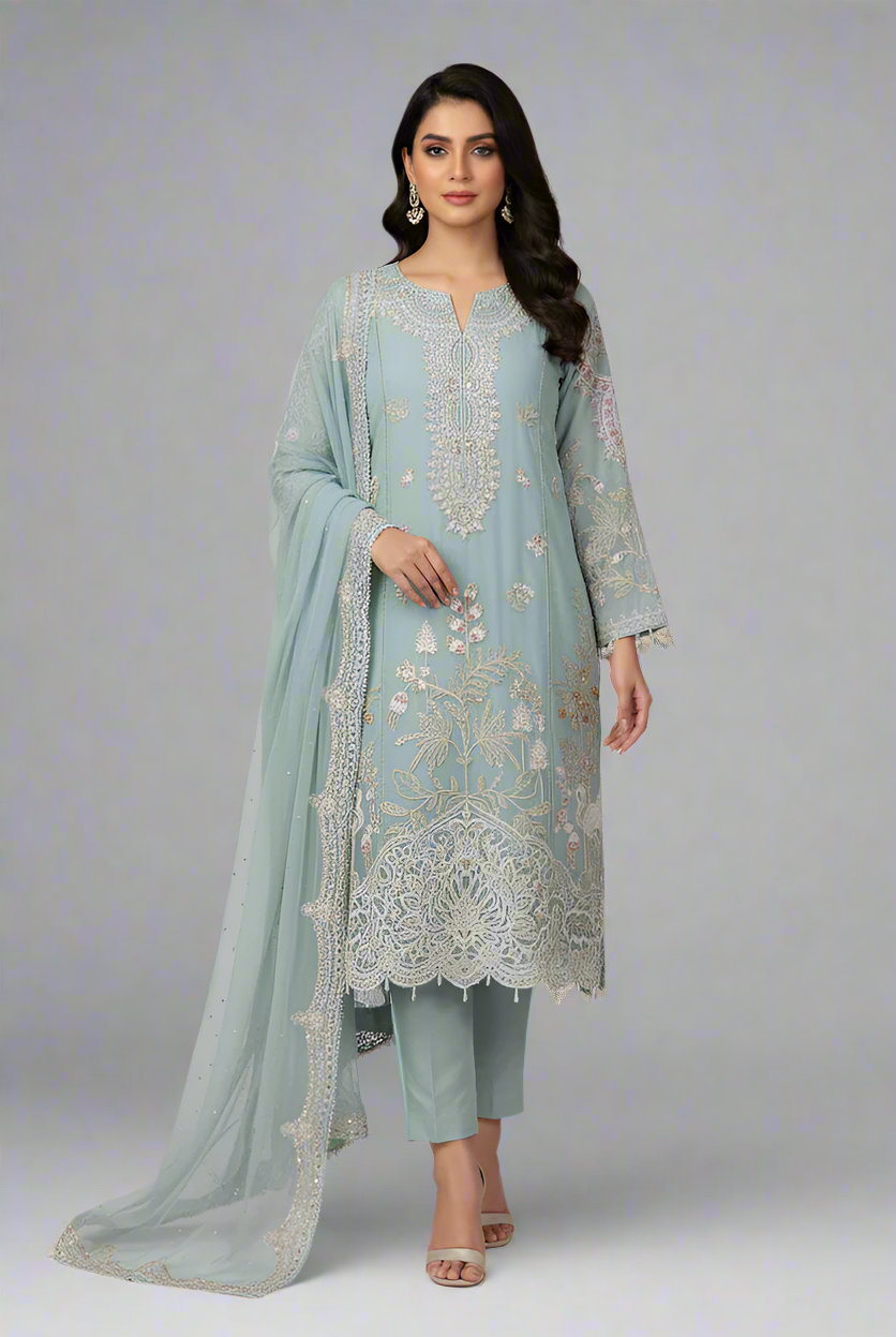 Organza straight shirt light blue - Pakistani women's elegant formal wear with viscose trouser and organza dupatta front view