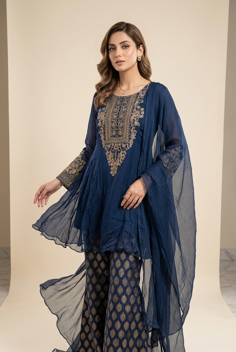Chiffon short frock navy blue - Pakistani women's casual party wear with viscose trouser and chiffon dupatta front view