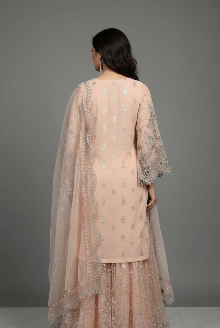 Pakistani women's pink organza A-Line shirt back view