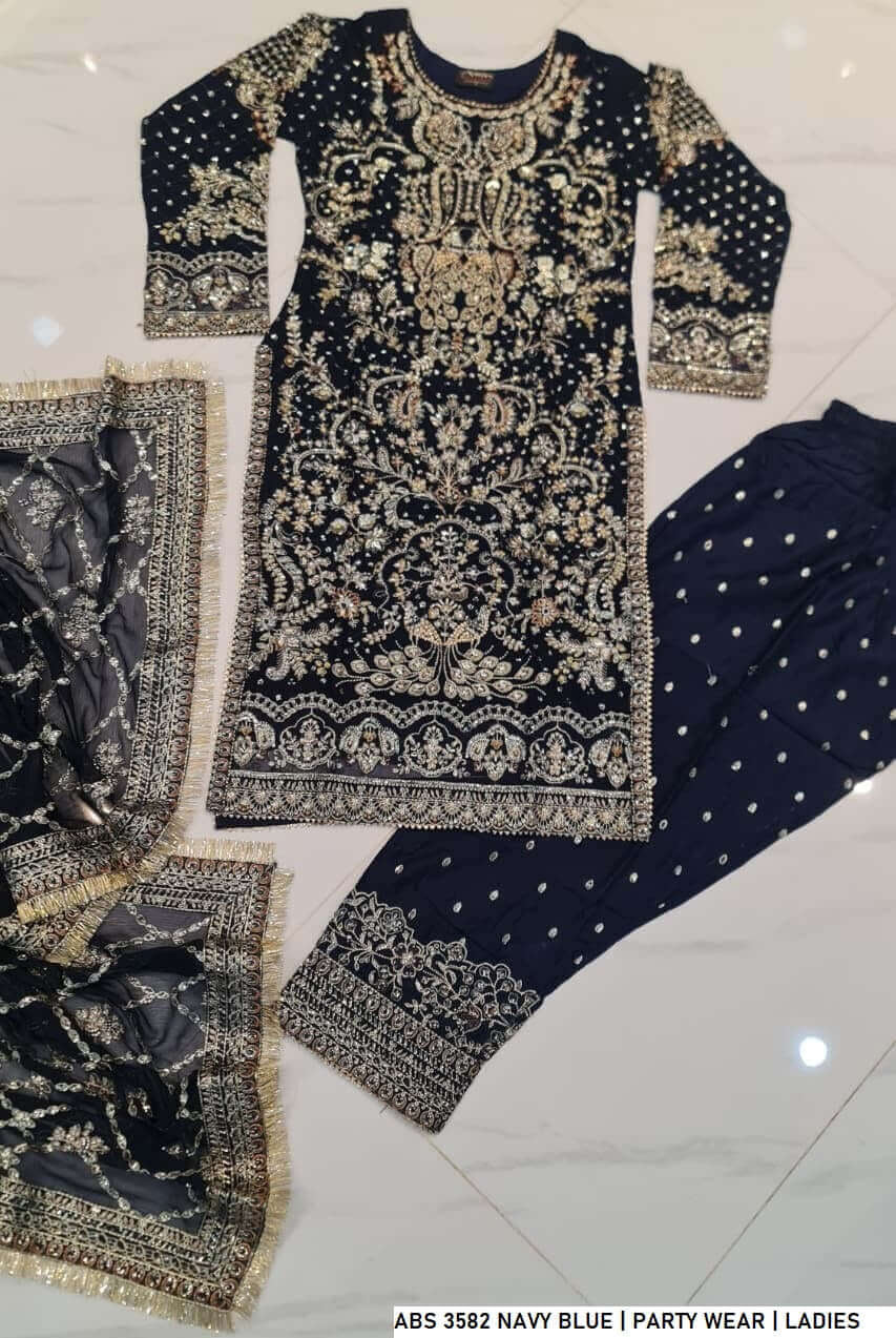 Navy blue chiffon Pakistani women's straight shirt with shalwar back view