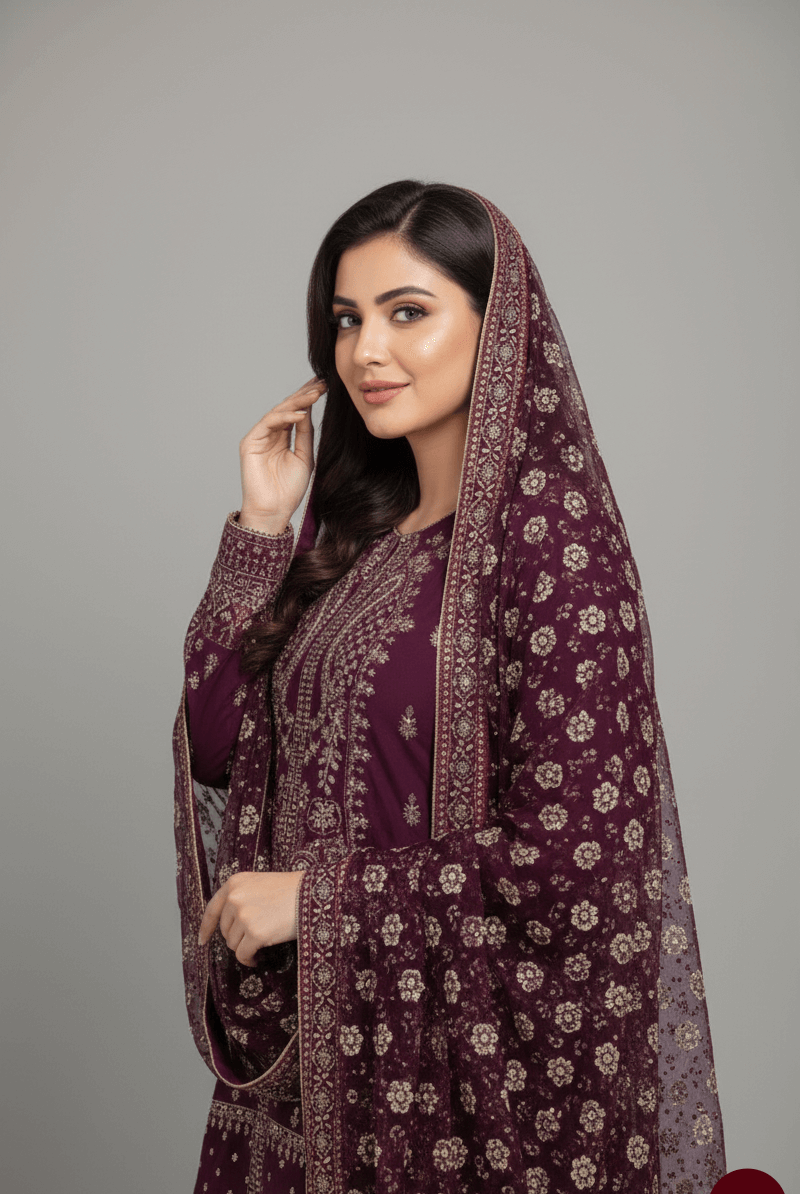 Pakistani women's purple chiffon straight shirt gharara back view