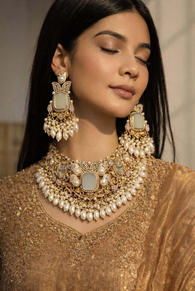 Royal pearl choker set - Pakistani women's luxury bridal jewelry with multi-strand pearls and gold tone finish front view