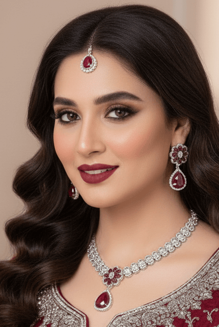 Ruby drop necklace set - Pakistani women's luxury formal jewelry with ruby red stones and drop pendant design front view