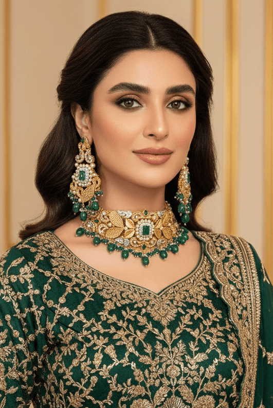 Emerald leaf pearl choker set - Pakistani women's luxury bridal jewelry with emerald stones and pearl choker design front view