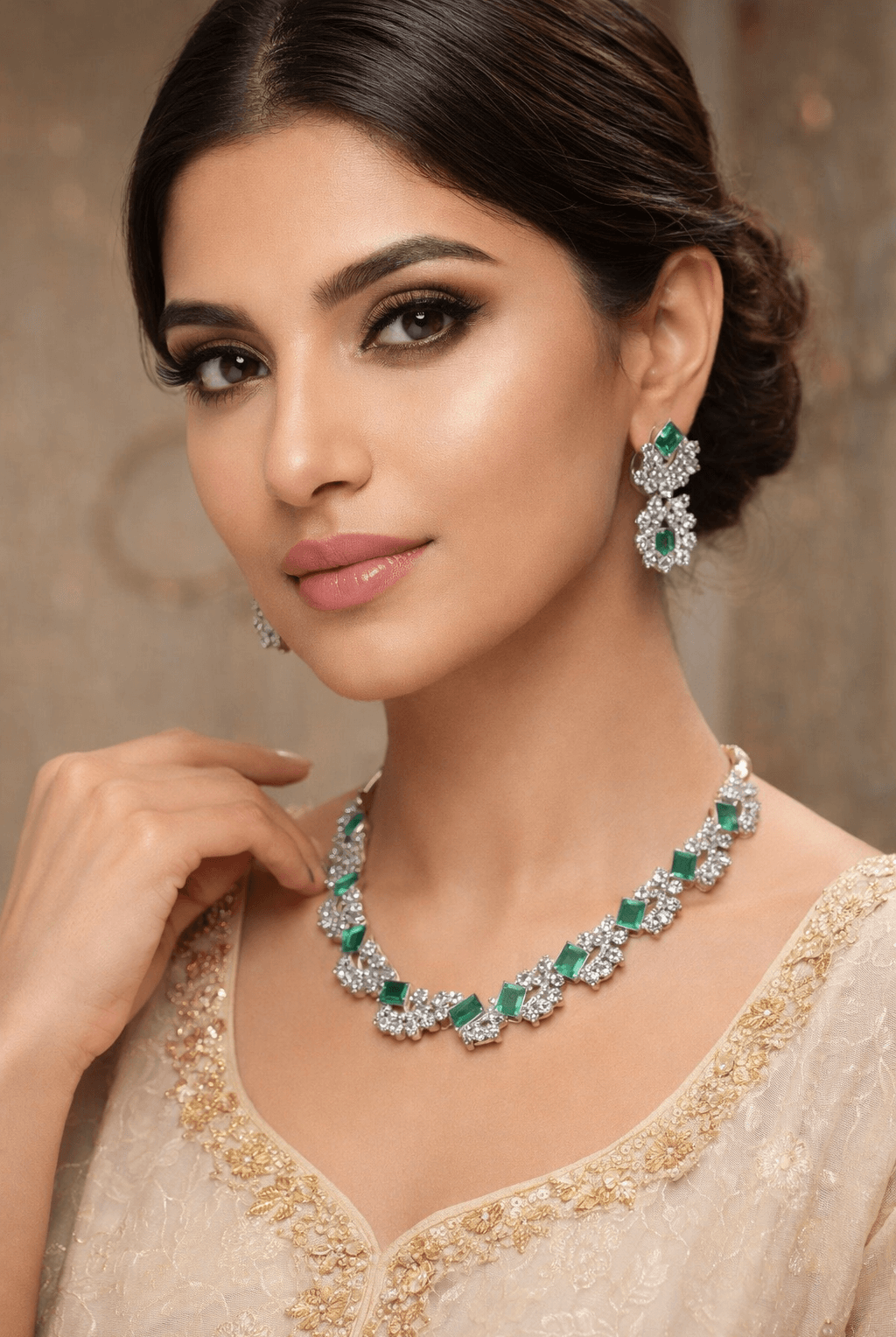 Mint accent necklace set - Pakistani women's elegant formal jewelry with mint stones and crystal accents front view