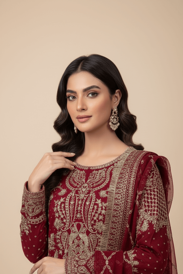 Maroon chiffon Pakistani women's straight shirt with shalwar side view