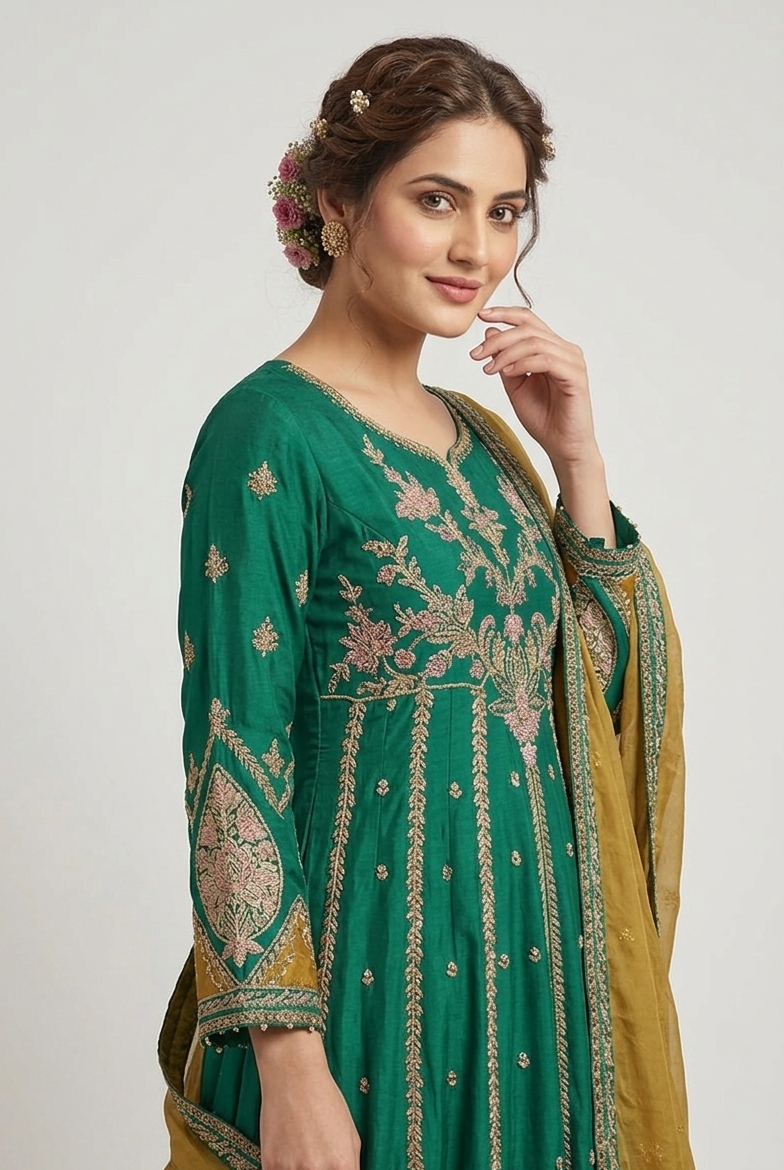 Sea green chiffon Pakistani women's open frock side view