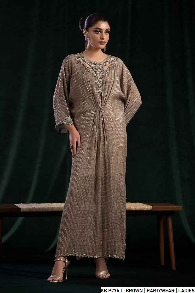 Authentic Khuda Baksh distributor showcasing elegant brown partywear for ladies.