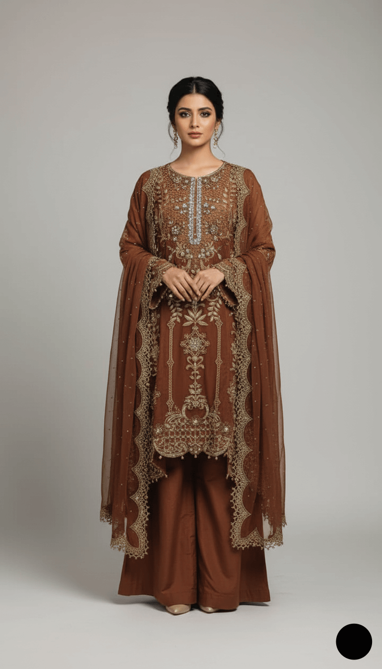 luxury Asian fashion worldwide shipping - model in elegant brown traditional outfit with intricate embroidery.